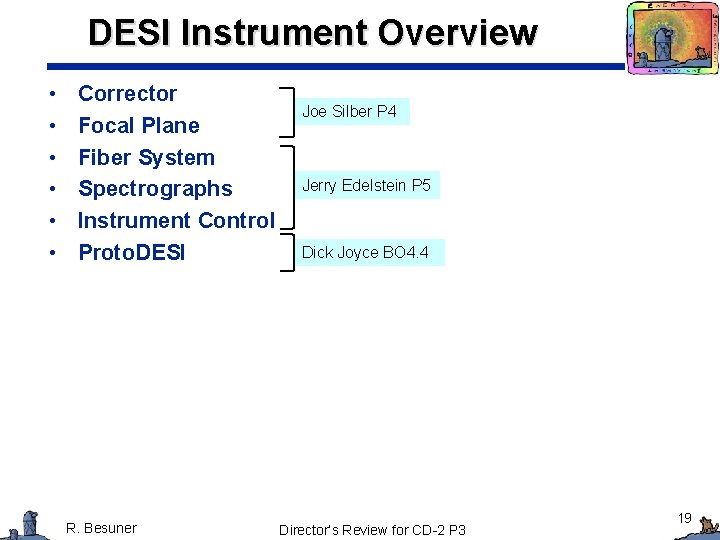 DESI Instrument Overview • • • Corrector Focal Plane Fiber System Spectrographs Instrument Control DESI Instrument Overview • • • Corrector Focal Plane Fiber System Spectrographs Instrument Control