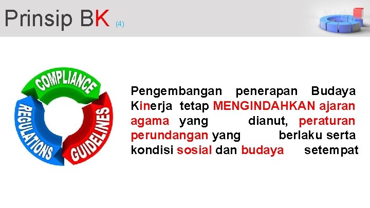 Prinsip BK (4) Pengembangan penerapan Budaya Kinerja tetap MENGINDAHKAN ajaran agama yang dianut, peraturan
