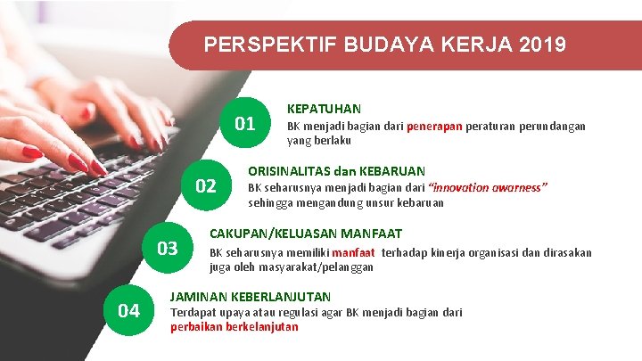 PERSPEKTIF BUDAYA KERJA 2019 01 02 03 04 KEPATUHAN BK menjadi bagian dari penerapan