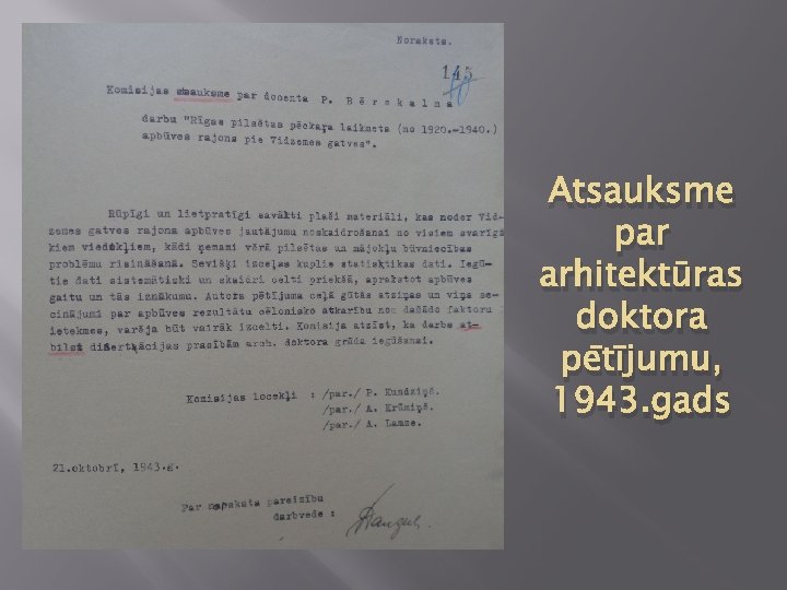 Atsauksme par arhitektūras doktora pētījumu, 1943. gads 