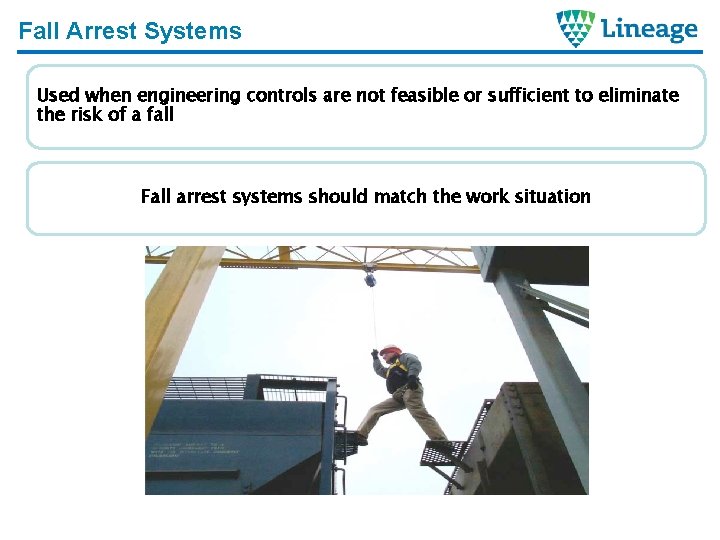Fall Arrest Systems Used when engineering controls are not feasible or sufficient to eliminate