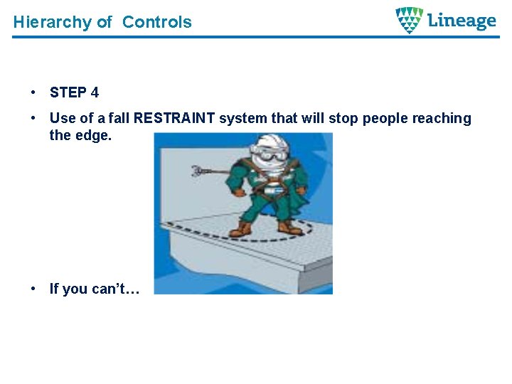 Hierarchy of Controls • STEP 4 • Use of a fall RESTRAINT system that