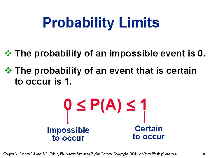 Probability Limits v The probability of an impossible event is 0. v The probability