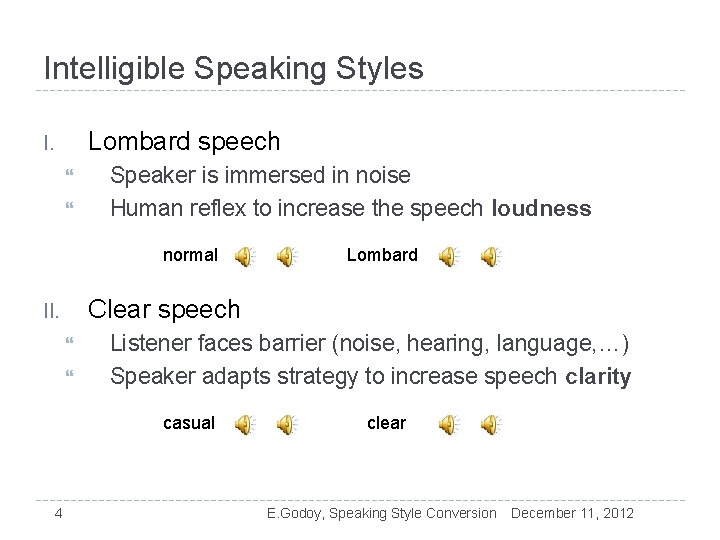 Intelligible Speaking Styles Lombard speech I. Speaker is immersed in noise Human reflex to