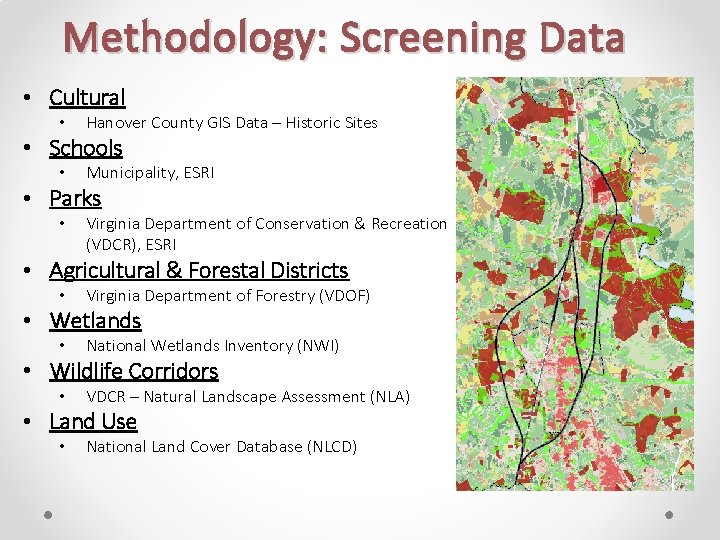 Methodology: Screening Data • Cultural • Hanover County GIS Data – Historic Sites •