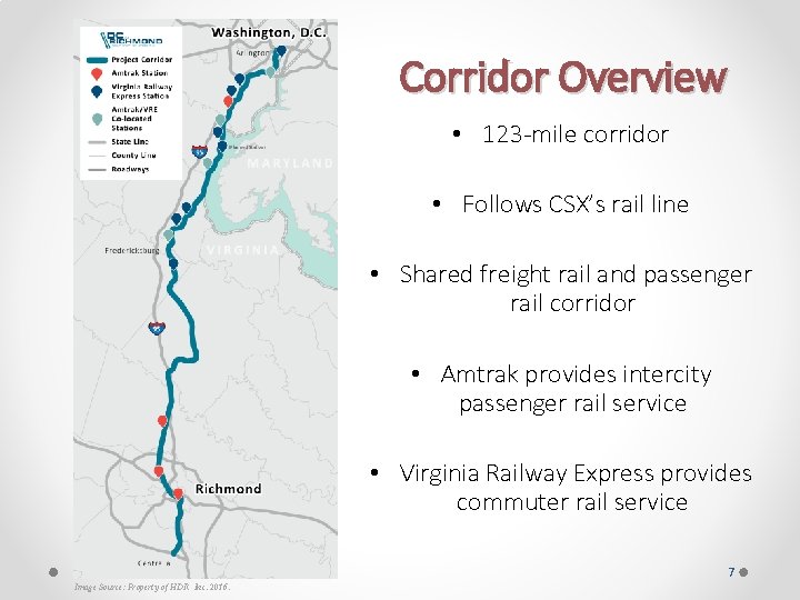 Corridor Overview • 123 -mile corridor • Follows CSX’s rail line • Shared freight
