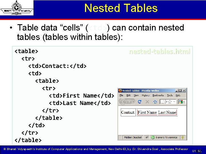 Nested Tables • Table data “cells” (<td>) can contain nested tables (tables within tables):