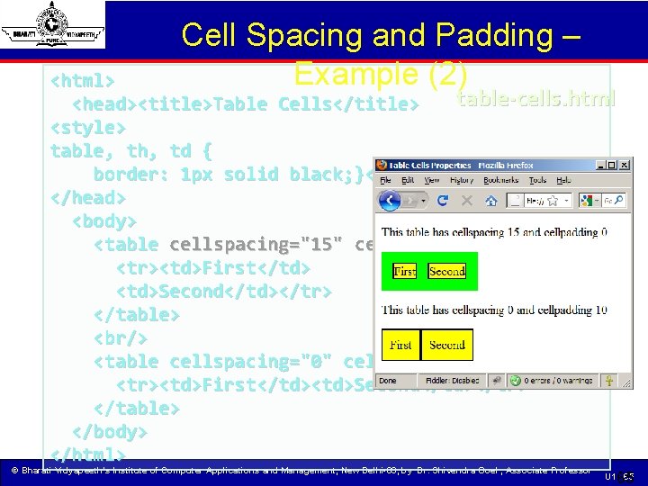 Cell Spacing and Padding – Example (2) <html> table-cells. html <head><title>Table Cells</title> <style> table,