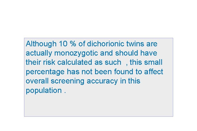 Although 10 % of dichorionic twins are actually monozygotic and should have their risk