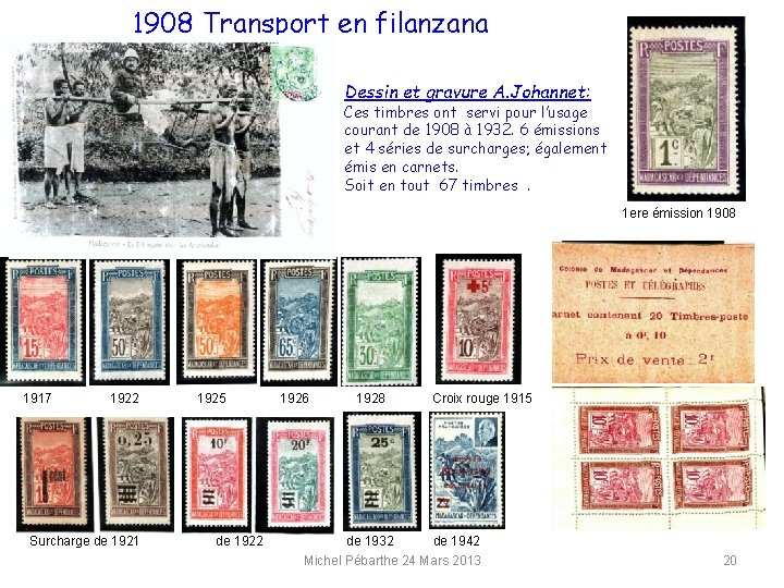 1908 Transport en filanzana Dessin et gravure A. Johannet: Ces timbres ont servi pour