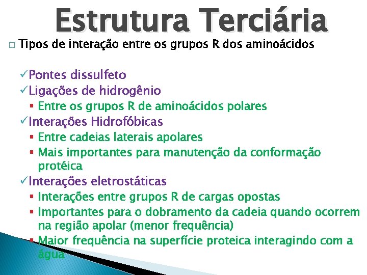� Estrutura Terciária Tipos de interação entre os grupos R dos aminoácidos üPontes dissulfeto
