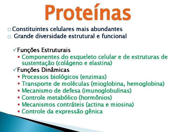 Proteínas � Constituintes � celulares mais abundantes Grande diversidade estrutural e funcional üFunções Estruturais