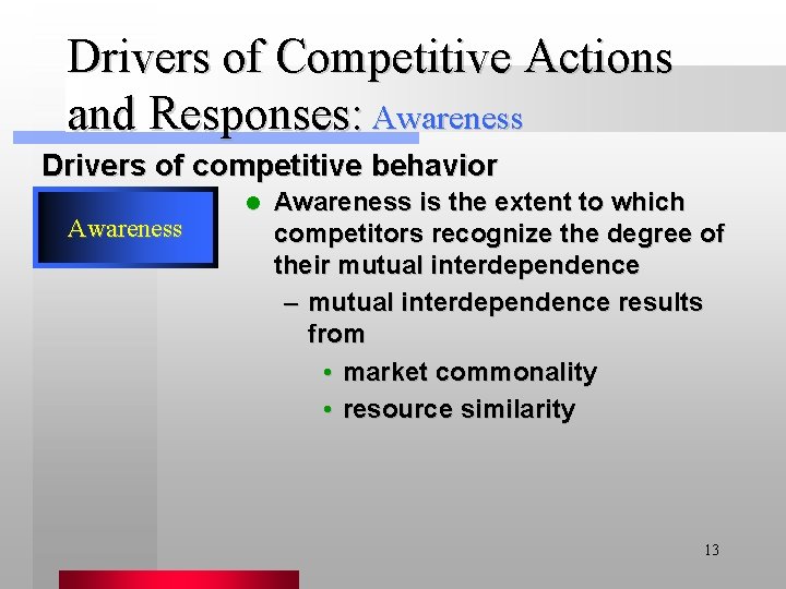 Drivers of Competitive Actions and Responses: Awareness Drivers of competitive behavior Awareness l Awareness