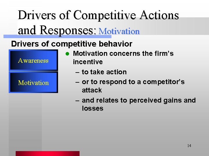 Drivers of Competitive Actions and Responses: Motivation Drivers of competitive behavior Awareness Motivation l