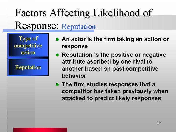 Factors Affecting Likelihood of Response: Reputation Type of competitive action Reputation An actor is