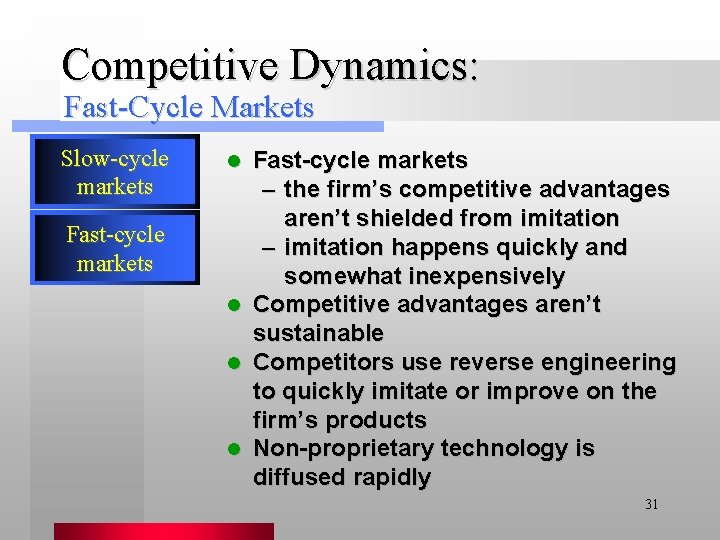 Competitive Dynamics: Fast-Cycle Markets Slow-cycle markets Fast-cycle markets – the firm’s competitive advantages aren’t