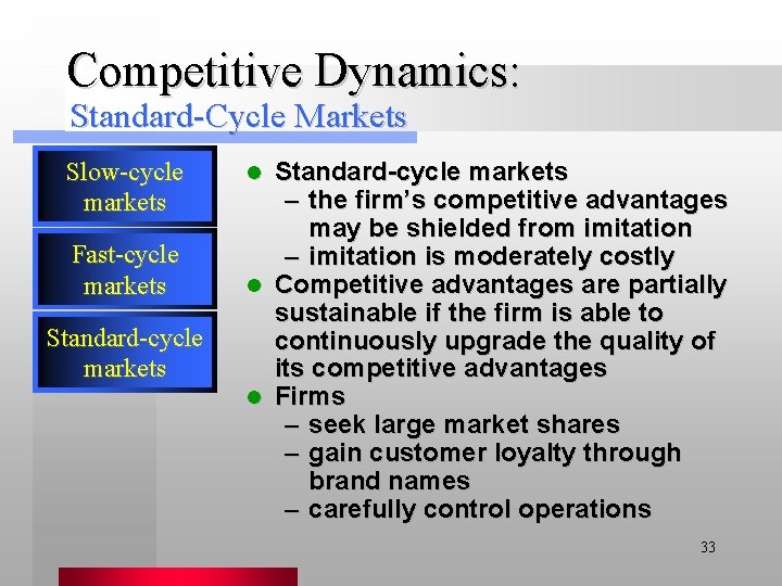 Competitive Dynamics: Standard-Cycle Markets Slow-cycle markets Fast-cycle markets Standard-cycle markets – the firm’s competitive