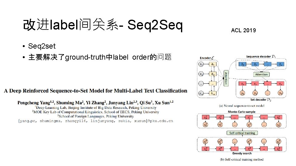 改进label间关系- Seq 2 Seq • Seq 2 set • 主要解决了ground-truth中label order的问题 ACL 2019 