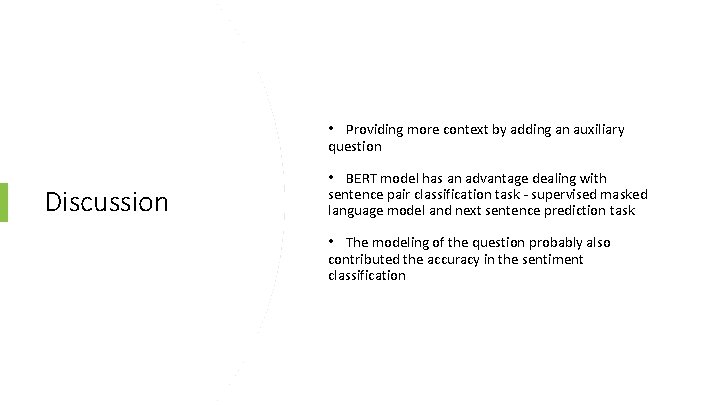  • Providing more context by adding an auxiliary question Discussion • BERT model