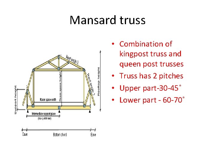 Mansard truss • Combination of kingpost truss and queen post trusses • Truss has