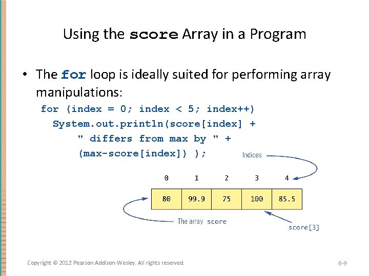 Using the score Array in a Program • The for loop is ideally suited