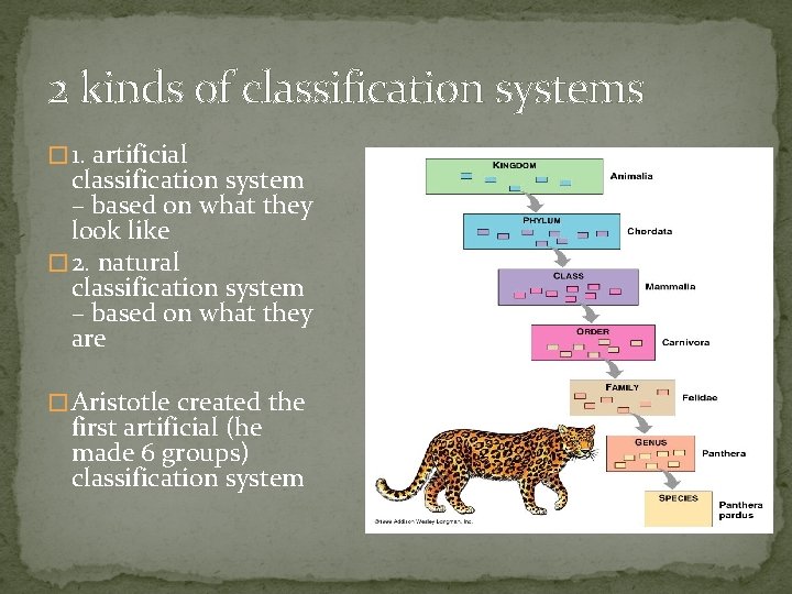 2 kinds of classification systems � 1. artificial classification system – based on what