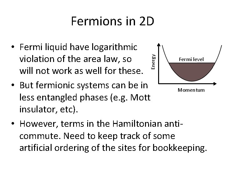 Fermions in 2 D Energy • Fermi liquid have logarithmic Fermi level violation of