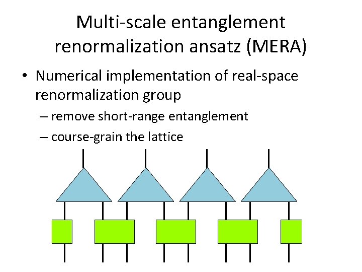 Multi-scale entanglement renormalization ansatz (MERA) • Numerical implementation of real-space renormalization group – remove