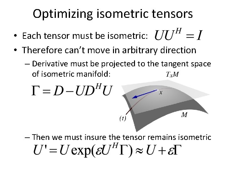 Optimizing isometric tensors • Each tensor must be isometric: • Therefore can’t move in