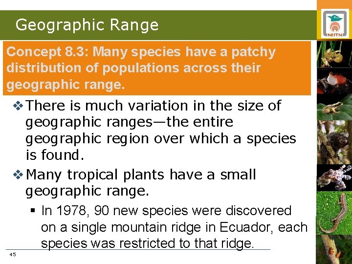 Geographic Range Concept 8. 3: Many species have a patchy distribution of populations across