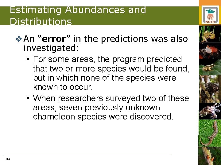 Estimating Abundances and Distributions v An “error” in the predictions was also investigated: §