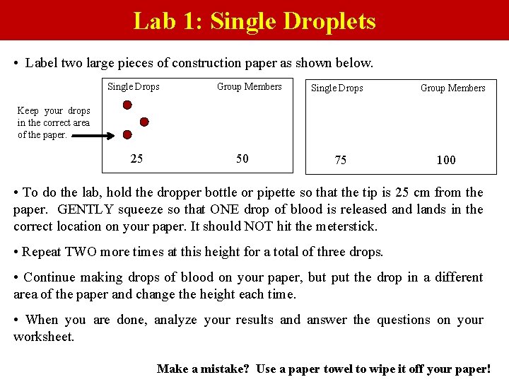 Lab 1: Single Droplets • Label two large pieces of construction paper as shown