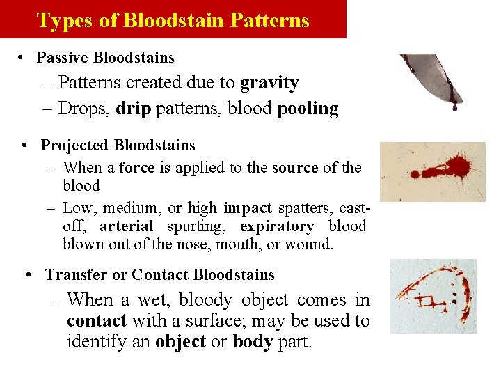 Types of Bloodstain Patterns • Passive Bloodstains – Patterns created due to gravity –