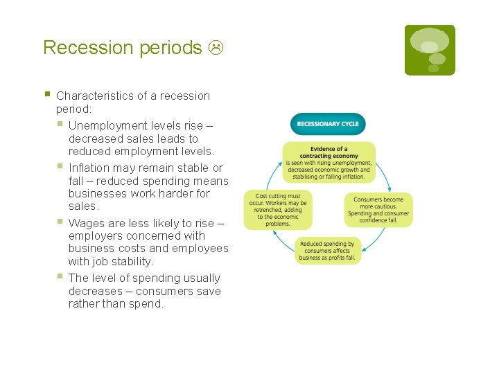 Recession periods § Characteristics of a recession period: § Unemployment levels rise – decreased