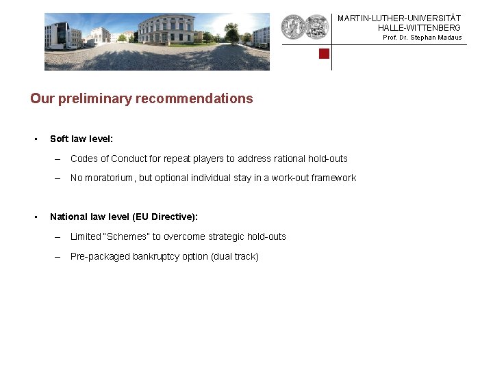 MARTIN-LUTHER-UNIVERSITÄT HALLE-WITTENBERG Prof. Dr. Stephan Madaus Our preliminary recommendations • Soft law level: –