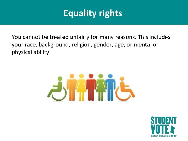 Equality rights You cannot be treated unfairly for many reasons. This includes your race,