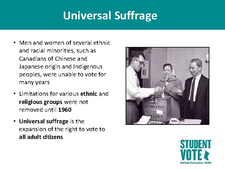 Universal Suffrage • Men and women of several ethnic and racial minorities, such as