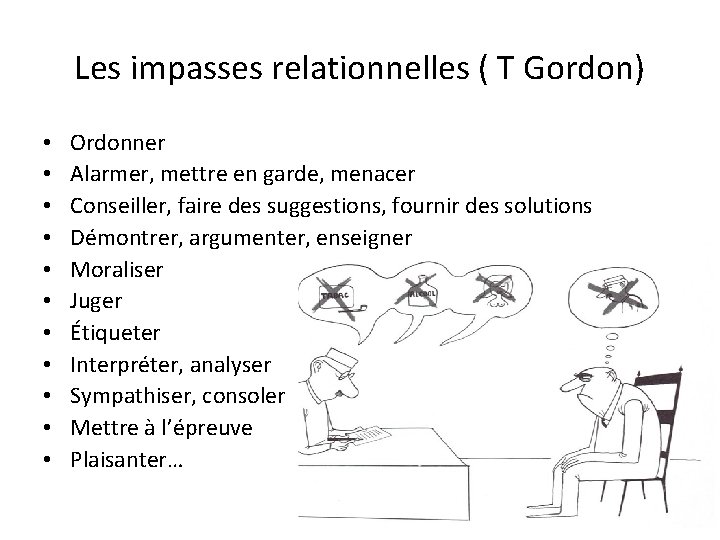 Les impasses relationnelles ( T Gordon) • • • Ordonner Alarmer, mettre en garde, Les impasses relationnelles ( T Gordon) • • • Ordonner Alarmer, mettre en garde,