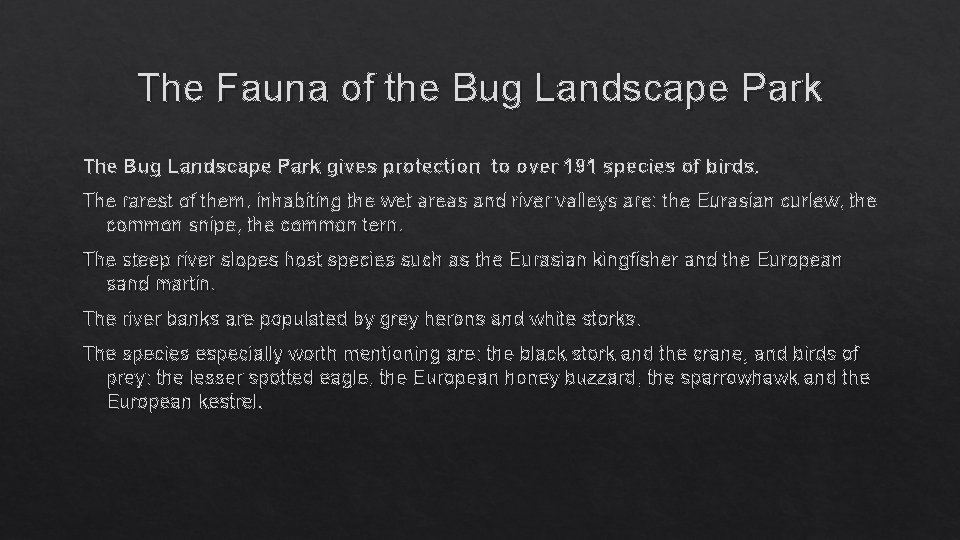 The Fauna of the Bug Landscape Park The Bug Landscape Park gives protection to