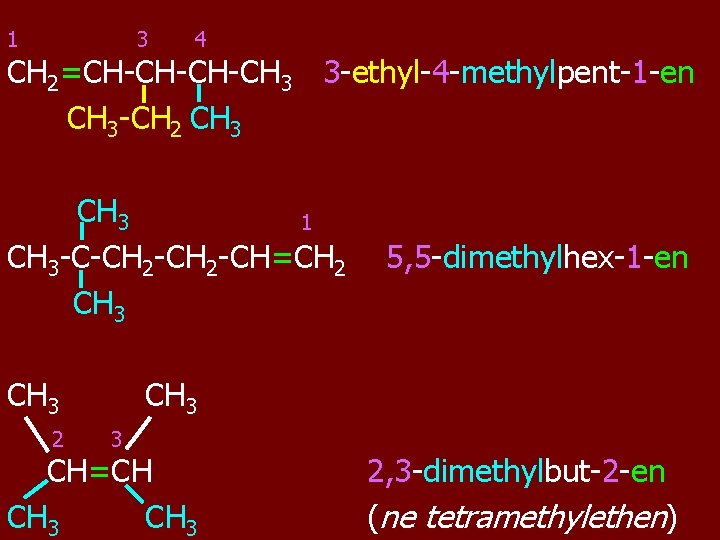 1 3 4 CH 2=CH-CH-CH-CH 3 3 -ethyl-4 -methylpent-1 -en CH 3 -CH 2