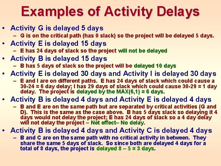 Examples of Activity Delays • Activity G is delayed 5 days – G is