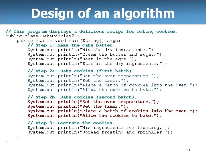 Design of an algorithm // This program displays a delicious recipe for baking cookies.