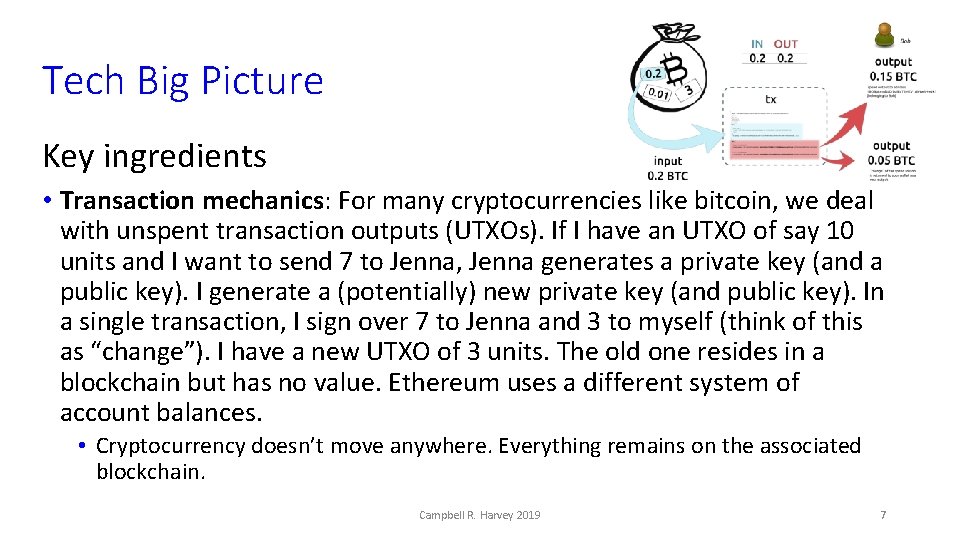 Tech Big Picture Key ingredients • Transaction mechanics: For many cryptocurrencies like bitcoin, we