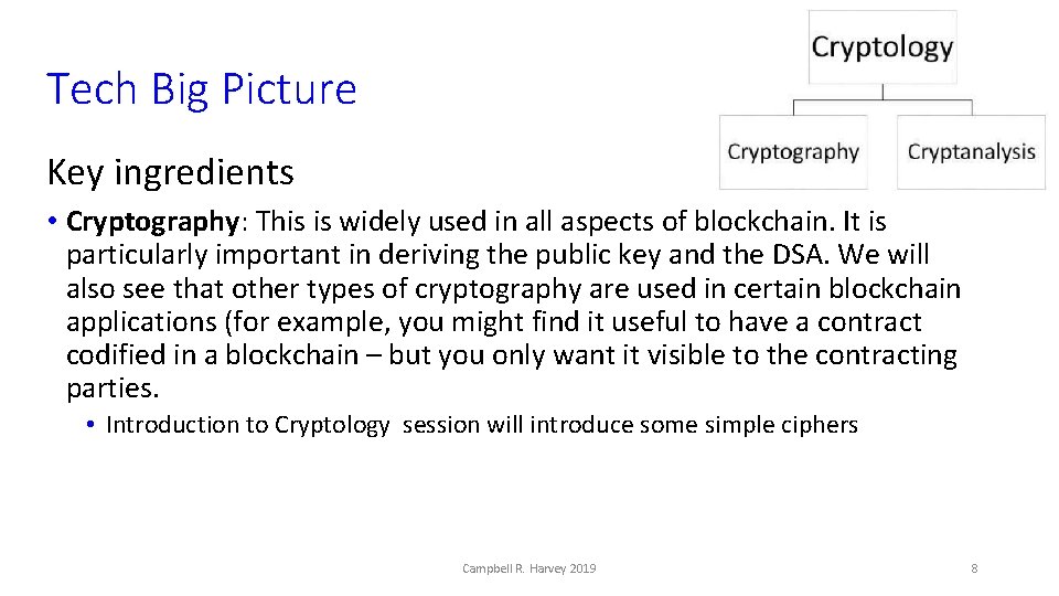 Tech Big Picture Key ingredients • Cryptography: This is widely used in all aspects