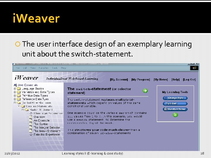 i. Weaver The user interface design of an exemplary learning unit about the switch-statement.