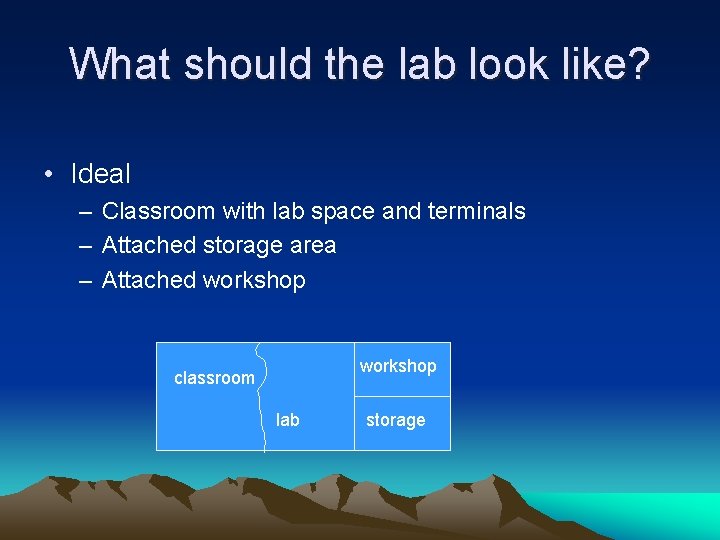 What should the lab look like? • Ideal – Classroom with lab space and