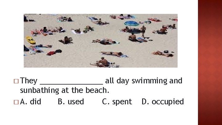 � They ________ all day swimming and sunbathing at the beach. � A. did