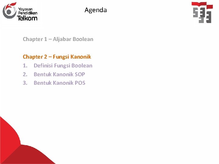 Agenda Chapter 1 – Aljabar Boolean Chapter 2 – Fungsi Kanonik 1. Definisi Fungsi