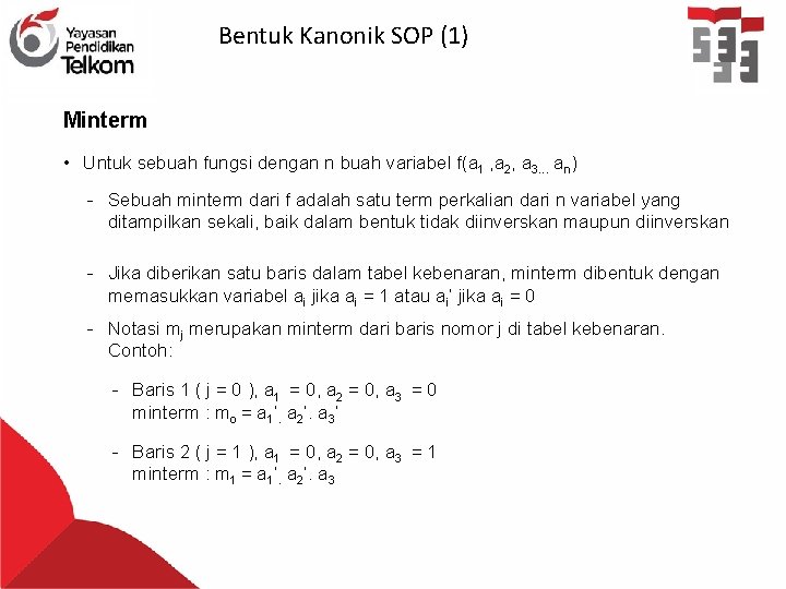 Bentuk Kanonik SOP (1) Minterm • Untuk sebuah fungsi dengan n buah variabel f(a
