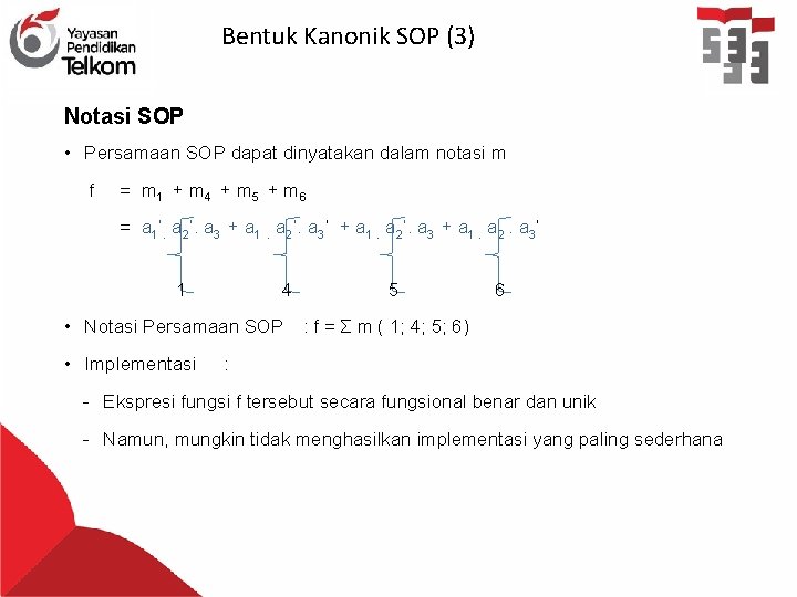 Bentuk Kanonik SOP (3) Notasi SOP • Persamaan SOP dapat dinyatakan dalam notasi m